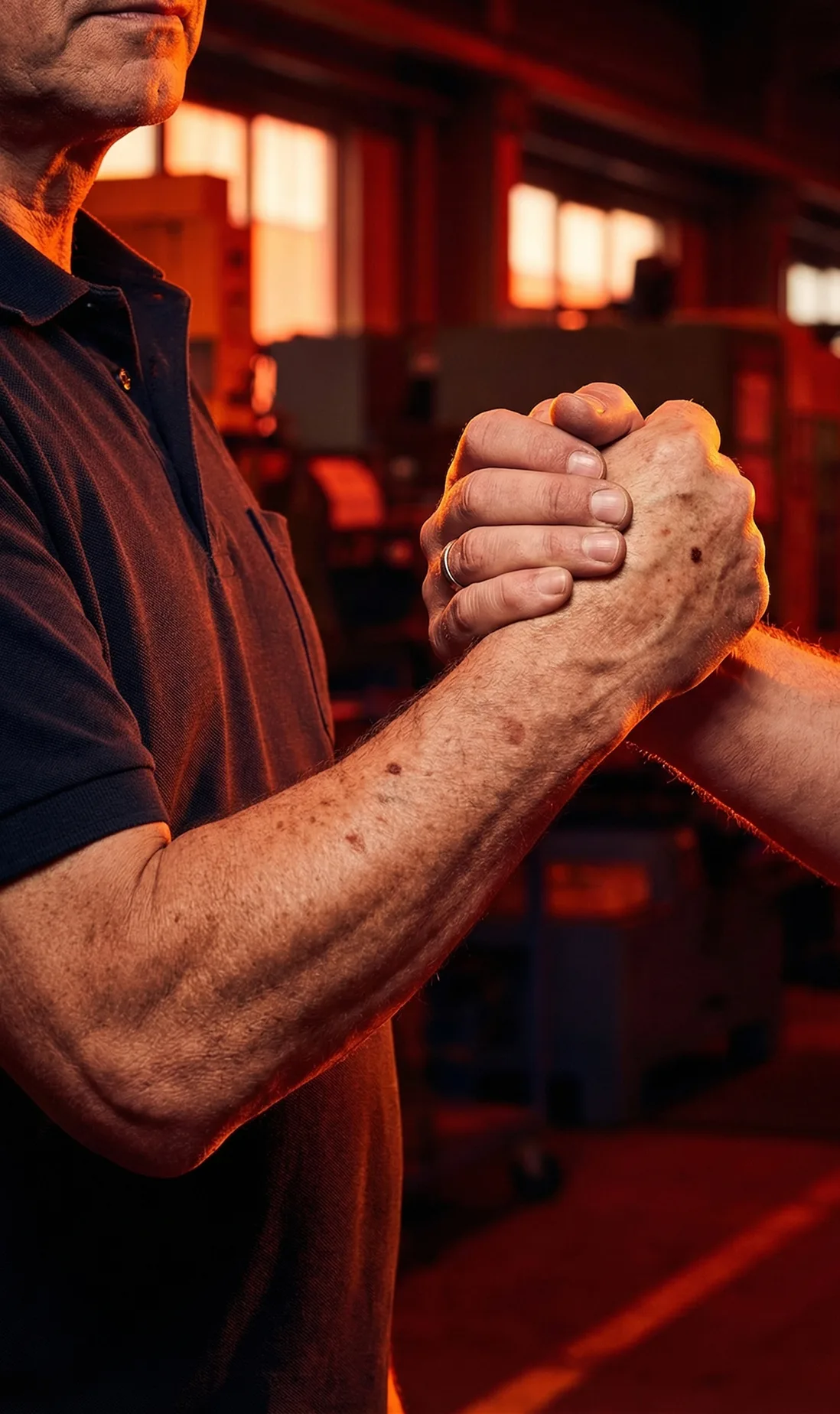 Aperto de mãos em ambiente industrial